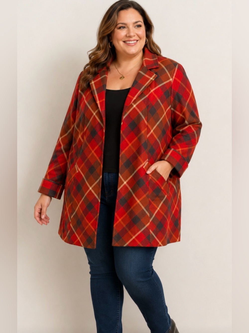 Lane Bryant Jacket Red Tartan Plaid Blazer Style Medium Weight Coat Size 28